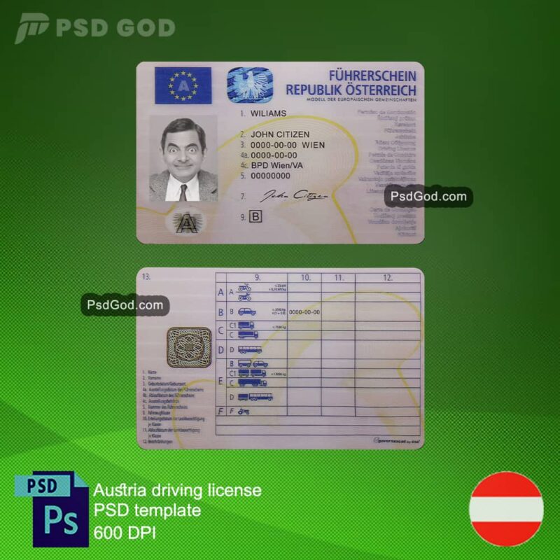 Austria fake driving license psd template - PSD-Vorlage für einen gefälschten österreichischen Führerschein - Austria fake driving license vector