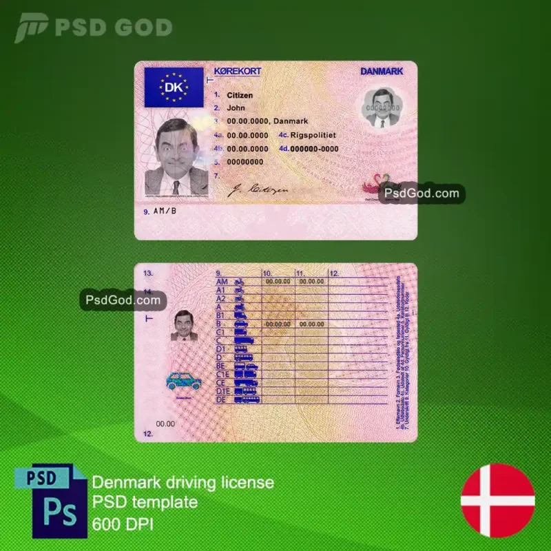 Denmark fake driving license psd template - Danmark falsk kørekort psd skabelon - fake danish driving license psd template - Denmark fake driving license vector