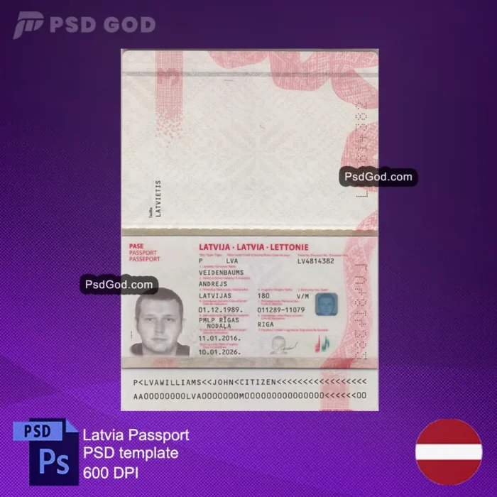 Latvia fake passport psd template- Latvijas viltotas pases psd veidne- Buy fke latvia passport template- latvai passport vector