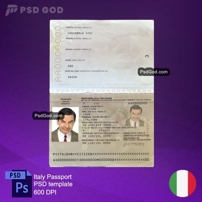 buy or download Italy fake passport psd template - Modello psd passaporto falso Italia -download fake Italian passport vector file