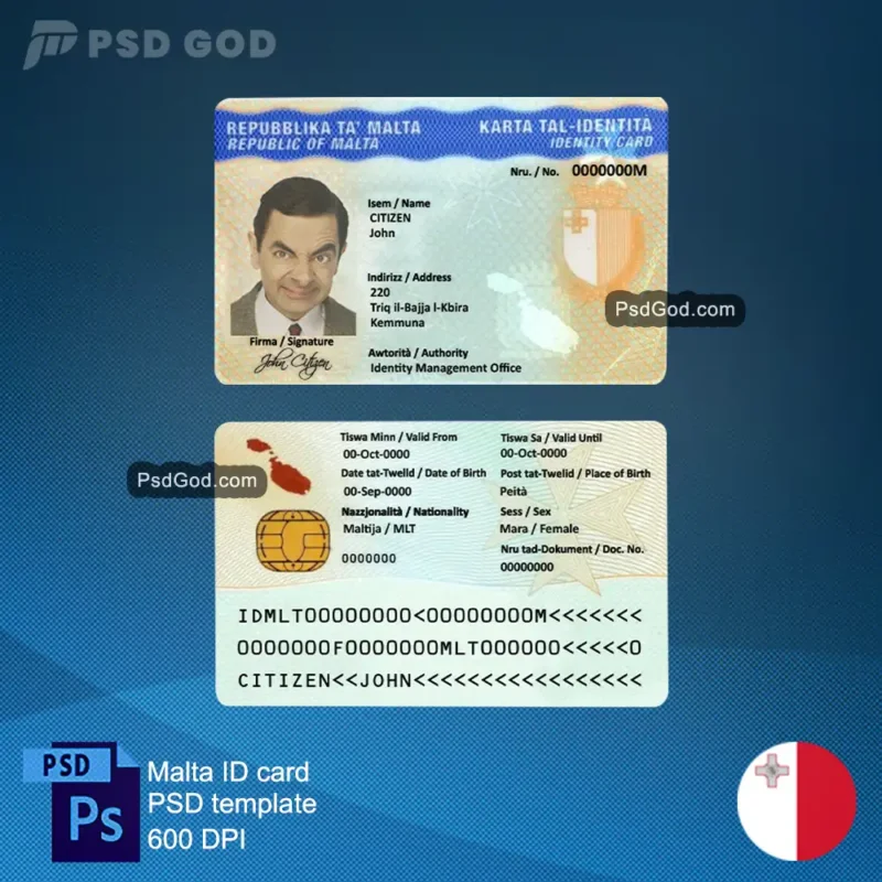 Buy or Download Malta fake ID card card psd template - Malta foloz karta ta' identifikazzjoni karta psd template - Niżżel il-fajl tal-vettur tal-karta tal-identifikazzjoni falza Maltija -