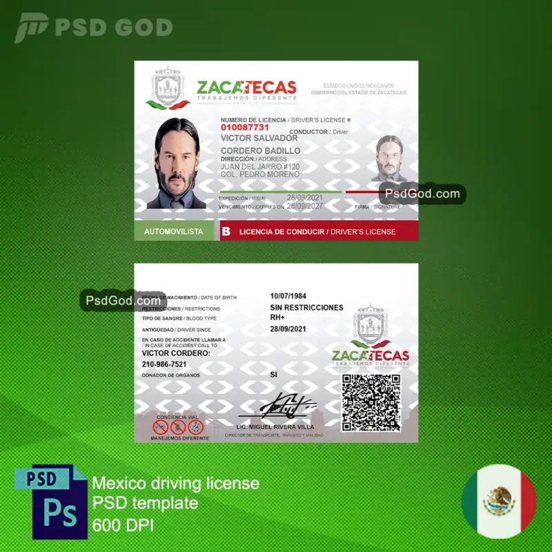 Buy or download Mexico fake driving license psd template - Compre o descargue la plantilla psd de licencia de conducir falsa de México - Buy or download fake Mexican driving license vector file - Compre o descargue la plantilla psd de licencia de conducir falsa de México