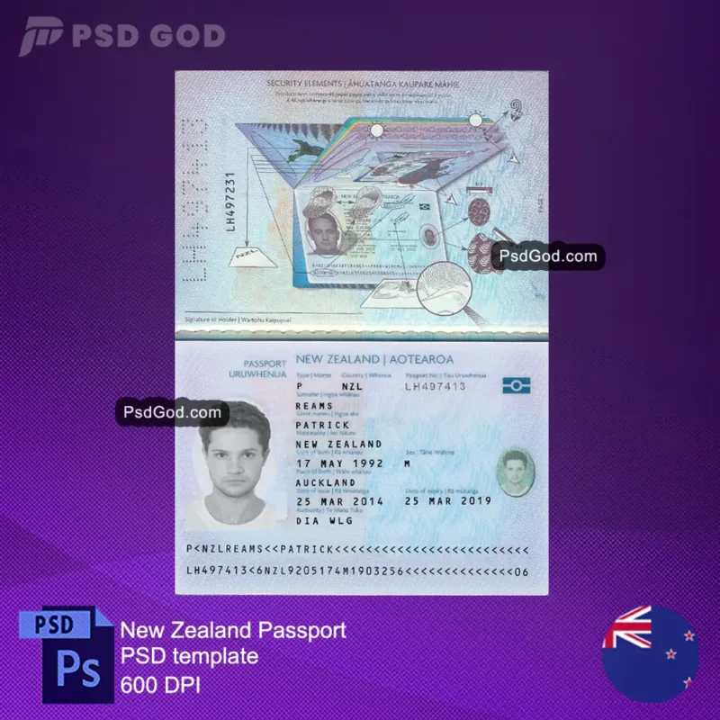 buy or download New Zealand fake passport psd template - Niu Sila tusifolau pepelo psd template - download fake New Zealanders passport vector file