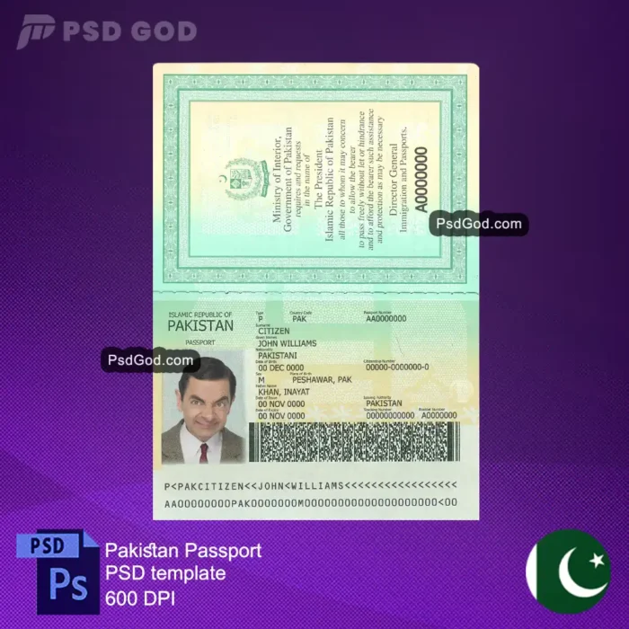 buy or download Pakistan fake passport psd template -پاکستان جعلی پاسپورٹ پی ایس ڈی ٹیمپلیٹ - download fake pakistani passport vector file