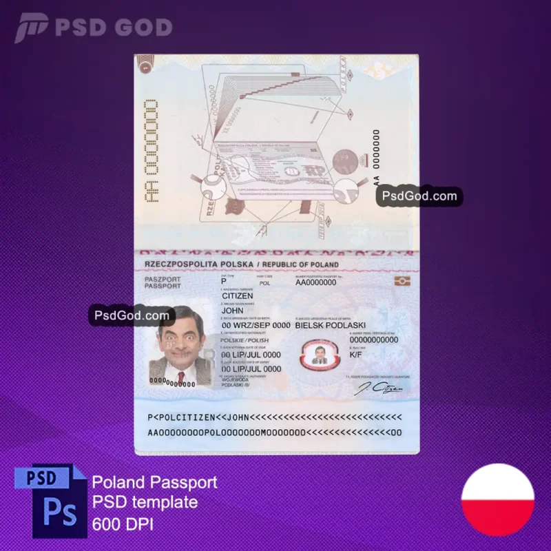 buy or download Poland fake passport psd template -Szablon psd fałszywego paszportu polskiego - download fake polish passport vector file