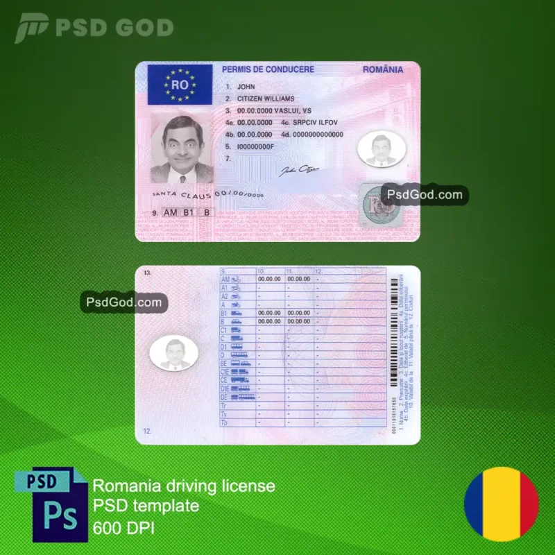 Buy or Download Romania fake driving license psd template - Cumpărați sau descărcați șablonul psd permis de conducere fals România - Buy or Download fake Romanian driving license vector file - Cumpărați sau descărcați fișier vectorial permis de conducere românesc fals