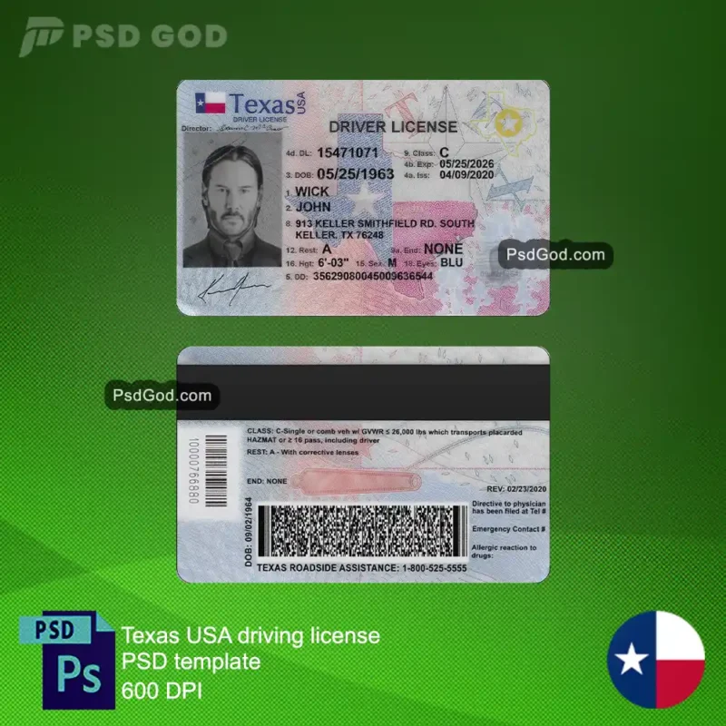 Buy or Download Texas USA fake driving license psd template - 购买或下载美国德克萨斯州假驾驶执照 PSD 模板 Buy or Download fake Texas driving license vector file - 购买或下载假德克萨斯州驾驶执照矢量文件