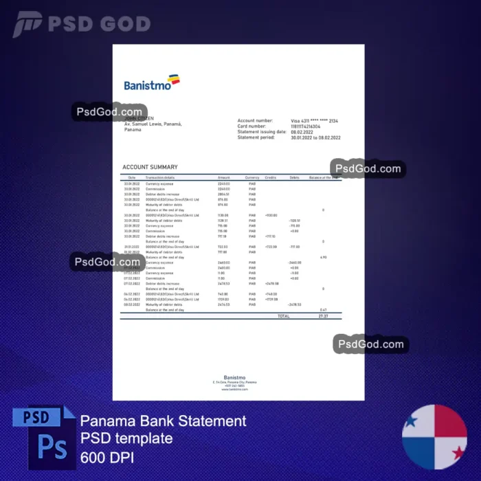 fake Panama Banistmo bank statement psd templates 假巴拿马 Banistmo 银行对账单 PSD 模板