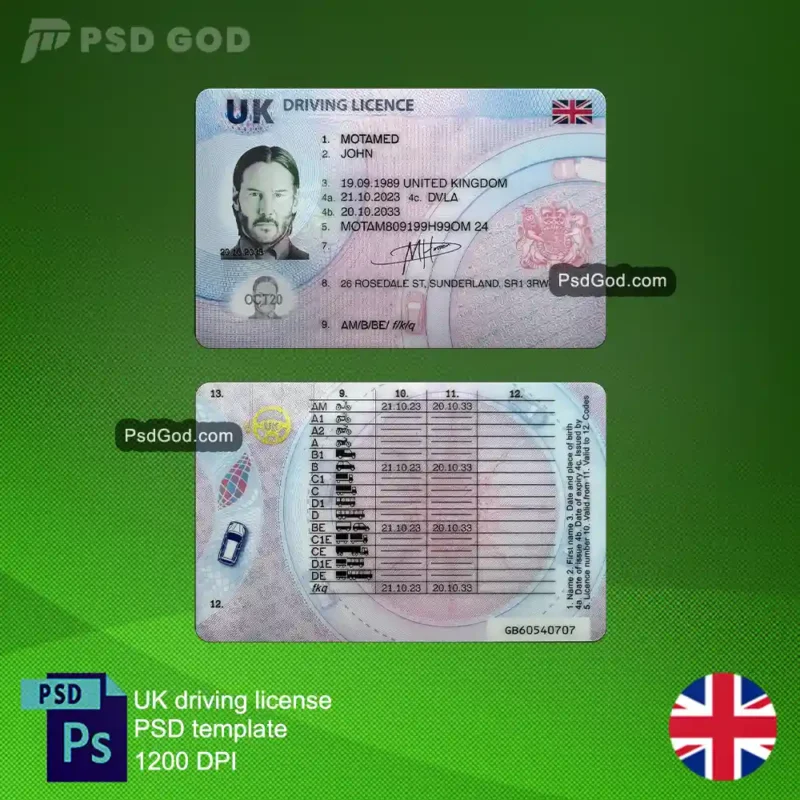 uk driving licence psd template- united kingdom f=driving license psd template